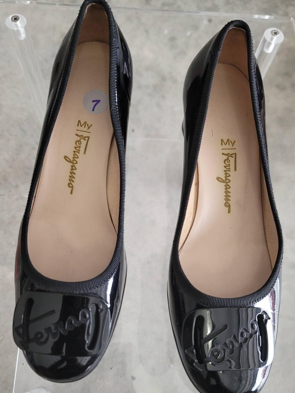 Salvatore Ferragamo Black Patent Leather Logo Cap Toe Flats